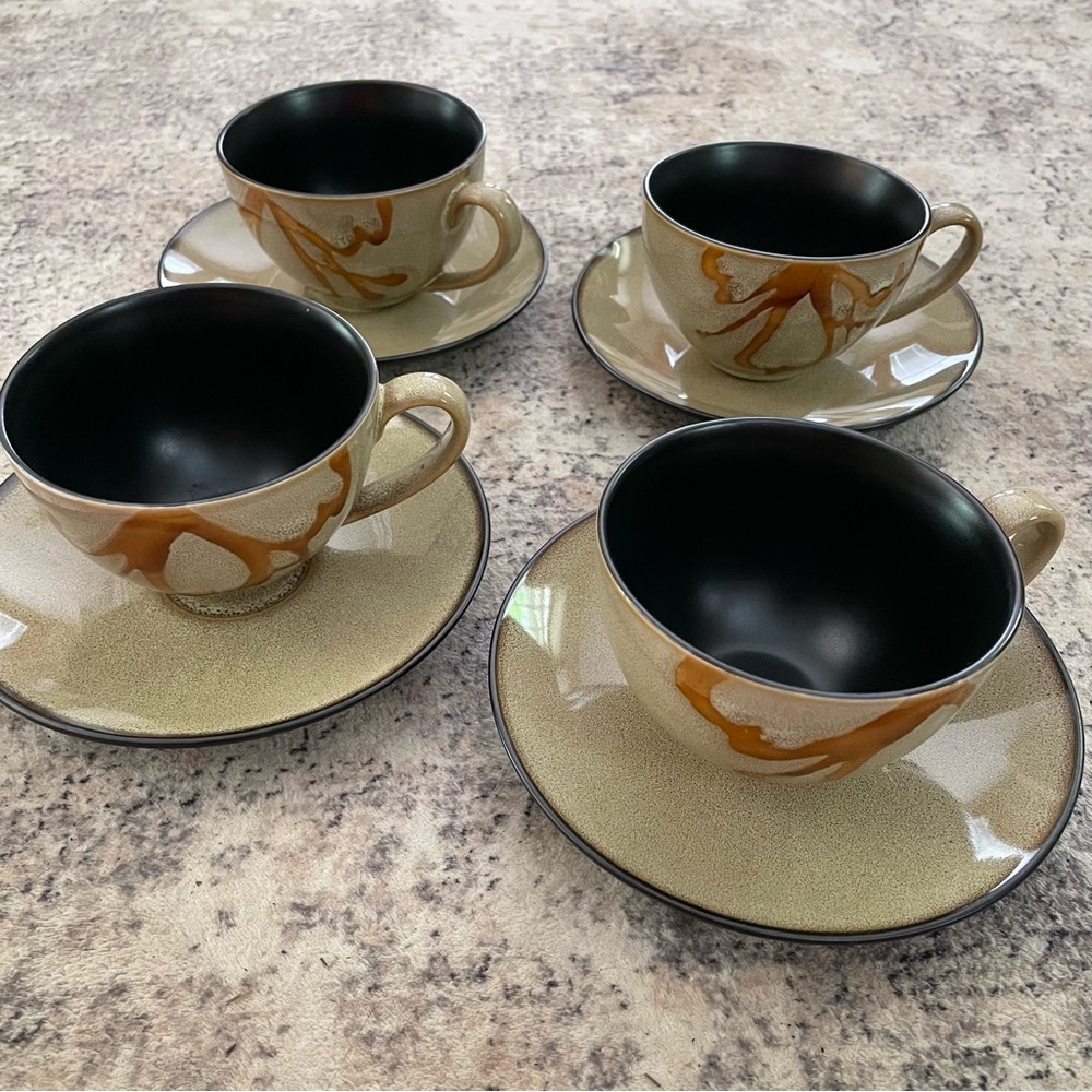 Pier 1 Imports Kioko Stoneware Tea Cups Set Hand‎ Painted Artsy Coffee